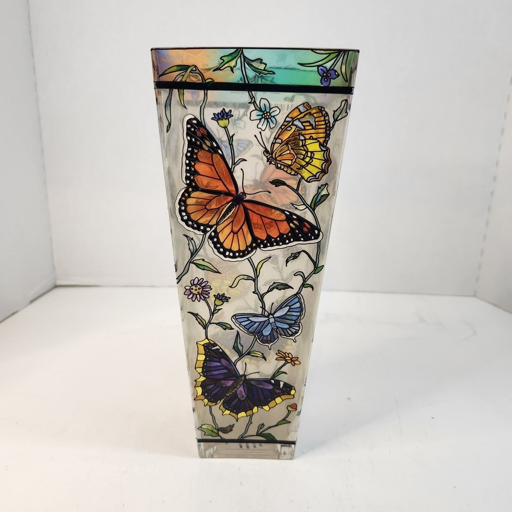Vtg AMIA Studios 10" Hand Painted Glass Vase Butterfly Paul Brent Stained Glass